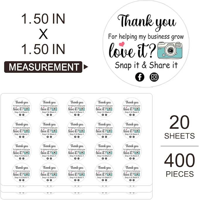 Shop Small Love It Snap and Share Retro Camera Stickers, Photography Thank You Stickers, Small Business Online Retailers Mailbox Paster for Packages 1.5" L x 1.5" H 400 PCS