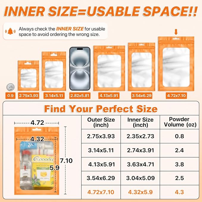 ANZNKU 100 Pack Orange Resealable Mylar Bags with Frosted Clear Window 4.72x7.1", Smell Proof Sealable Packaging Bags for Small Business, Foil Pouch Zip Goodie Bag for Candy Treat Jewelry