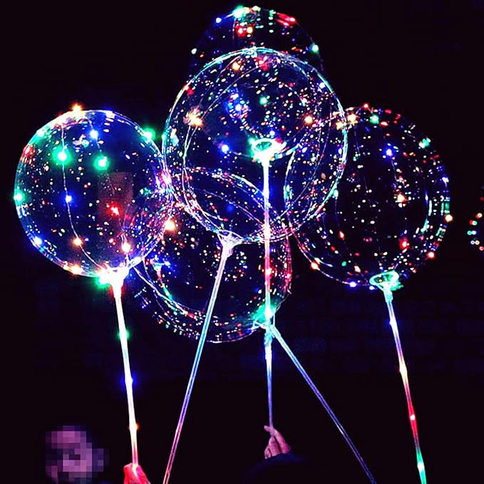 LED Light Up Bobo Balloons with Sticks,10 Packs Flashing Handles,20 Inches Bubble Bobo Balloons,70 cm Sticks,Christmas Birthday Party Decoration
