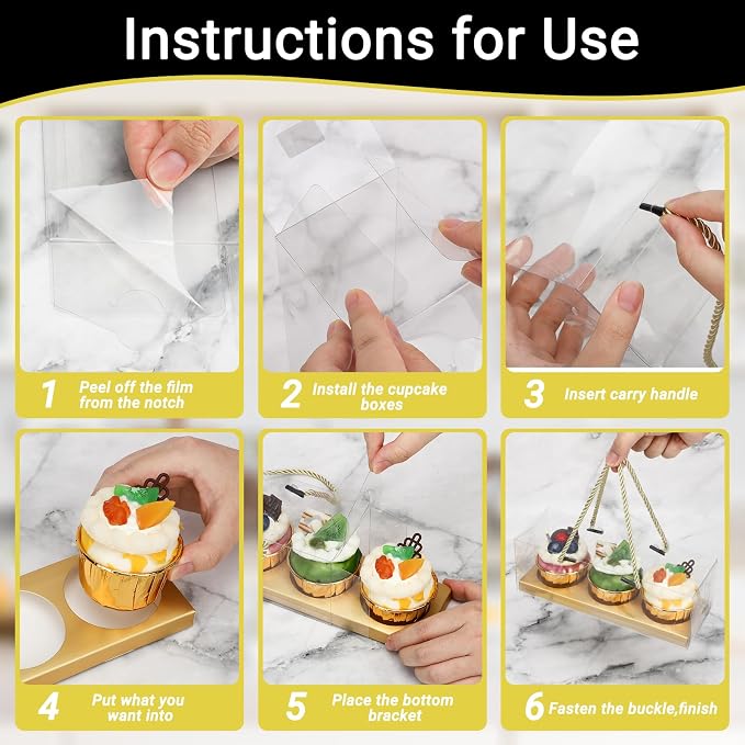 EUSOAR Cupcake Boxes, 20 Pcs 9"x3"x3" Gold Plastic Cupcake Containers 3 Compartments with Rope Handle, Rectangular Portable Muffins Wrappers Pastry Cookies Holders for Birthday Wedding Party Bakery
