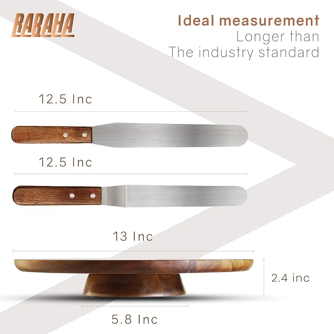 13" Acacia Cake Stand Rotating – Rustic Cake Stand Set Turntable with 2 Icing Spatulas, 3 Smoothers – Wooden Revolving Spinner Cake Decorating Supplies - Use at Parties, Wedding (Acacia Wood)