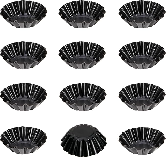 CHEFMADE Mini Egg Tart Pans, Non-Stick 3 Inch 12Pcs Tartlet Molds for Baking, Small Round Quiche Pans for Egg Tarts, Cupcakes, Pies (Black)