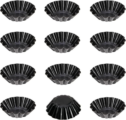 CHEFMADE Mini Egg Tart Pans, Non-Stick 3 Inch 12Pcs Tartlet Molds for Baking, Small Round Quiche Pans for Egg Tarts, Cupcakes, Pies (Black)