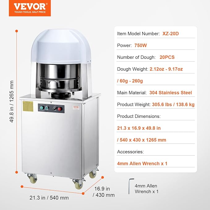 VEVOR Dough Divider,20PCS Electric Dough Divider Machine,2.12oz-9.17oz Equal Dough Press Dough Cutting with 304 SS Tray and Copper Motor Divider for Bakery,Restaurant,Commercial Food Preparation