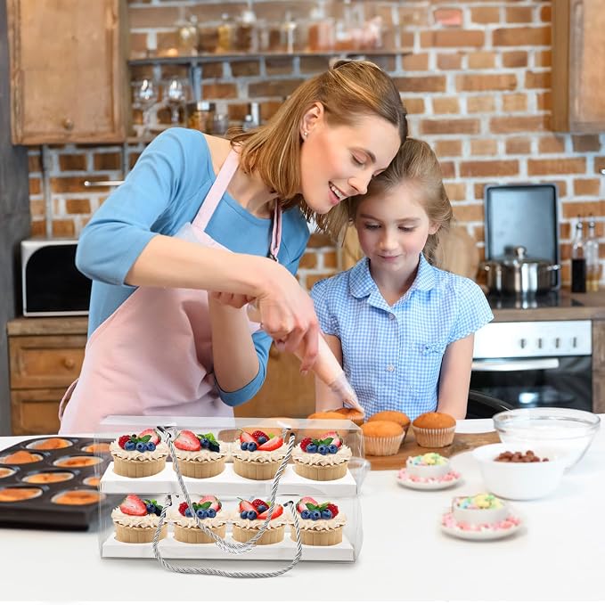 Coloch 24 Pack Clear Cupcake Box with Handle, 12 x 3 x 3 In 4 Count Plastic Cupcake Container with 4 Count Baked Dessert Box, for Cupcake, Dessert, Muffins, Party, Mother's Day, Wedding