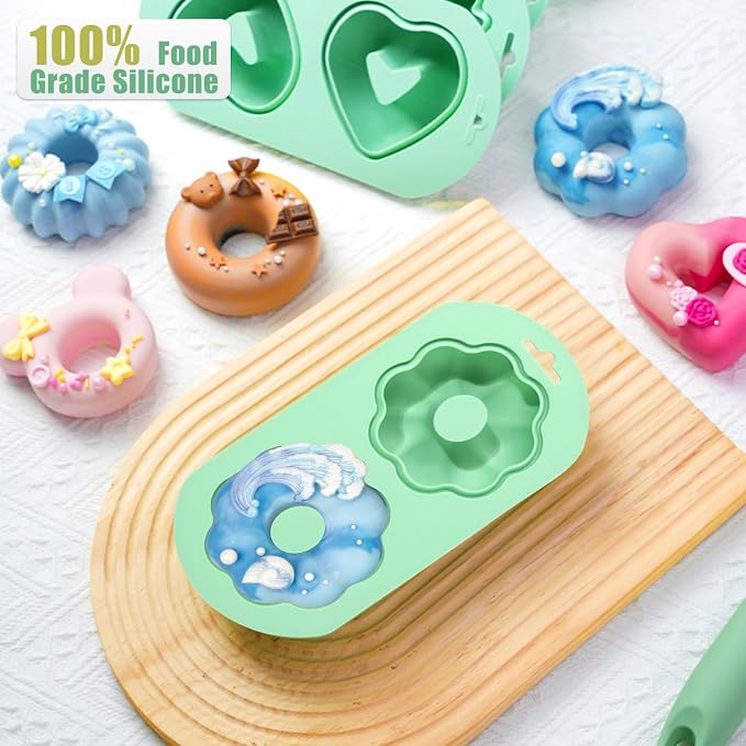 QELEG 2 Pack Silicone Donut Pan, 2-Cavity Fluted Tube Cake Pan Non-stick Silicone Baking Mold for Donuts, Cornbread, Brownies, Bagel, mousse, madeline, Green 2Pcs/2-Cavity, flower