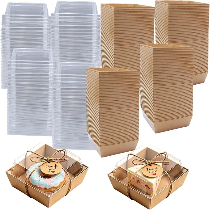 100 Pack Charcuterie Boxes with Clear Lids 4x4 Inch, Disposable Kraft Square Dessert Boxes, Bakery Snack Containers for Cookie, Cake Slice, Donut, Sandwich, Sushi, Party, Wedding, Valentine