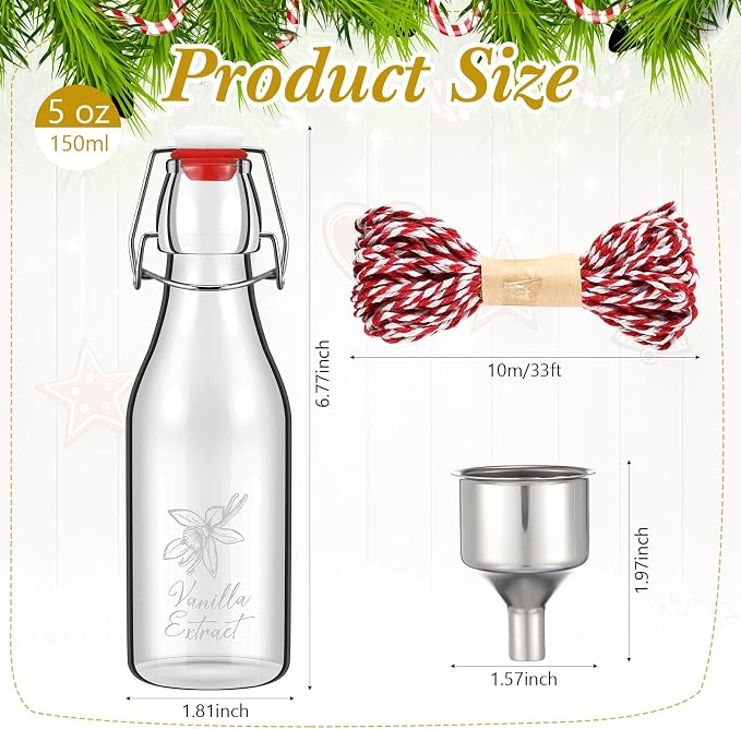 Reallnaive 12 Sets Vanilla Extract Bottles Sets 5 oz Clear Glass Bottles with Tags and Twine and Funnel for Home Brewing Wedding Baby Shower Party Favors