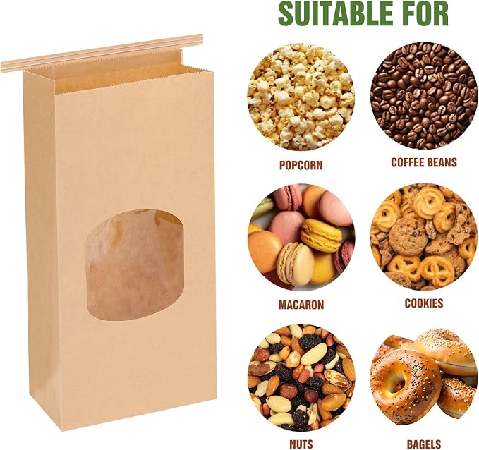 Moretoes Cookie Bags with Seal 55pcs 4.65x2.6x9.72in, Seal by Tin Tie Tab, Medium Brown Kraft Paper Bakery Bags with Window for Cookie Coffee Treat Bread Bagel Pastry Bakery Gift Giving Packing