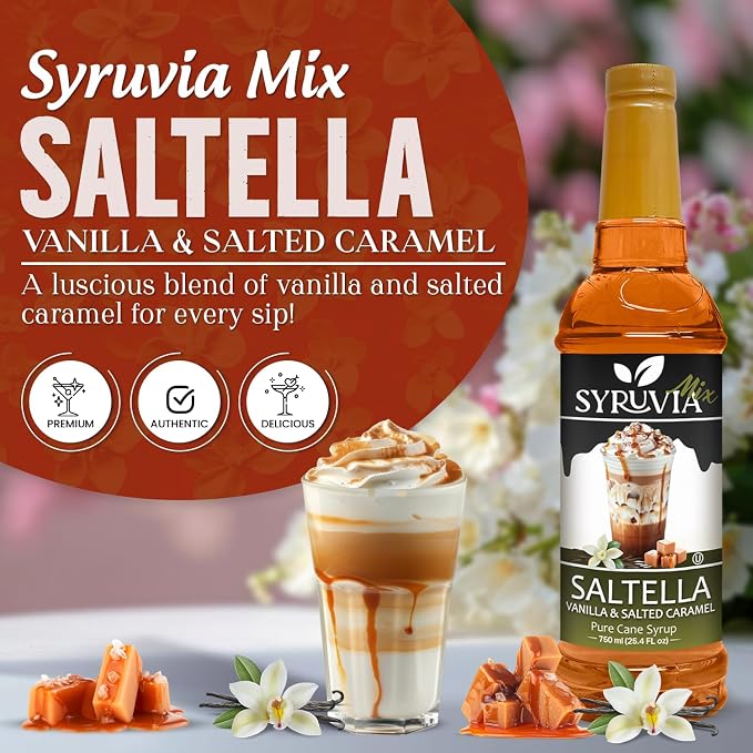 Syruvia Coffee Syrup, SALTELLA Syrup, Vanilla Salted Caramel Flavored Syrup for Drinks, Lattes, and Desserts – 25.4 fl oz - with Pump