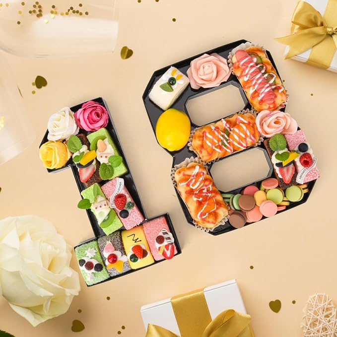 Cardboard Number for Charcuterie 18 Set Fillable Tray 10.2'' Black Charcuterie Paper Box for 18th Birthday Anniversary Party Decorations Chocolate Candy Cupcake Container