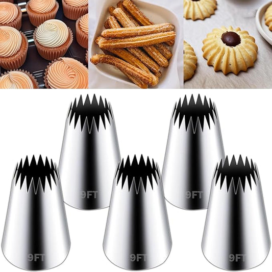 Hendiy Stainless Steel Churro Piping Tips, 5 Pieces | 9FT Large Piping Tip, Churro Maker Icing Tips, Pastry Tips, For Cake Decorating Frosting