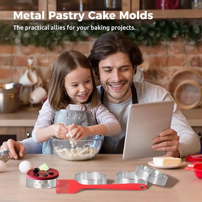 12Pack Tart Rings, 304 Stainless Steel Perforated Tart Rings with Silicone Oil Brush, 3.15 Inch Cake Mousse Rings, Metal Pastry Cake Molds for Baking Dessert Rings, Dishwasher-Safe