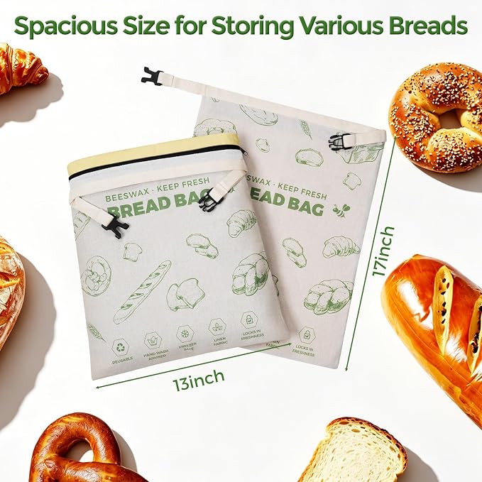 YARRAMATE Reusable Beeswax Bread Bags for Homemade Bread & Sourdough, 2 Pack XL 17x13in Linen Organic Bread Storage Bags with Zipper for Loaf, Baguette, Bagels and Sandwich Bread, Freezer Safe, Green
