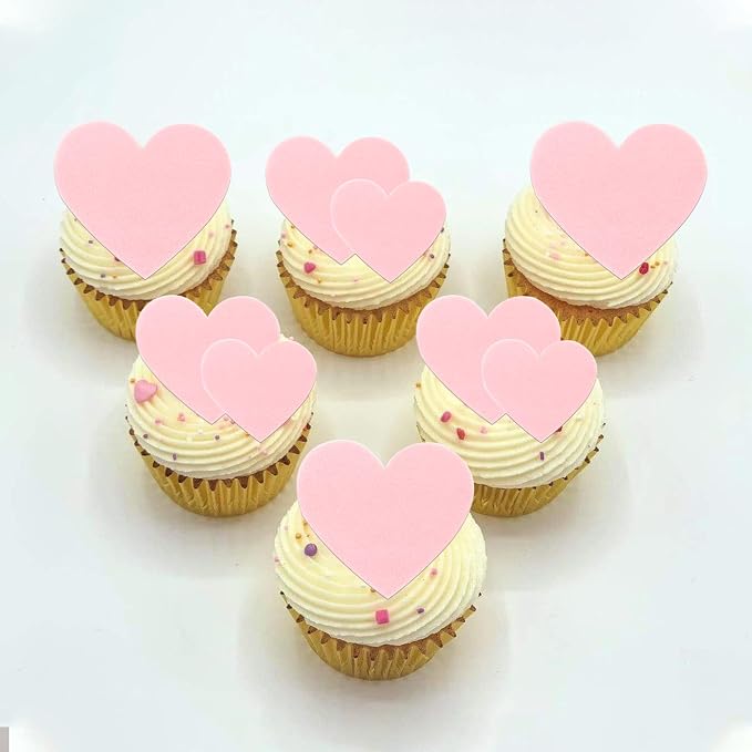 60 PCS Edible Heart Cupcake Toppers Sweet Love Valentine's Day Cake Decorations Edible Heart Cupcake Picks for Valentine's Day Wedding Engagement Birthday Party Food Decorations Supplies Light Pink