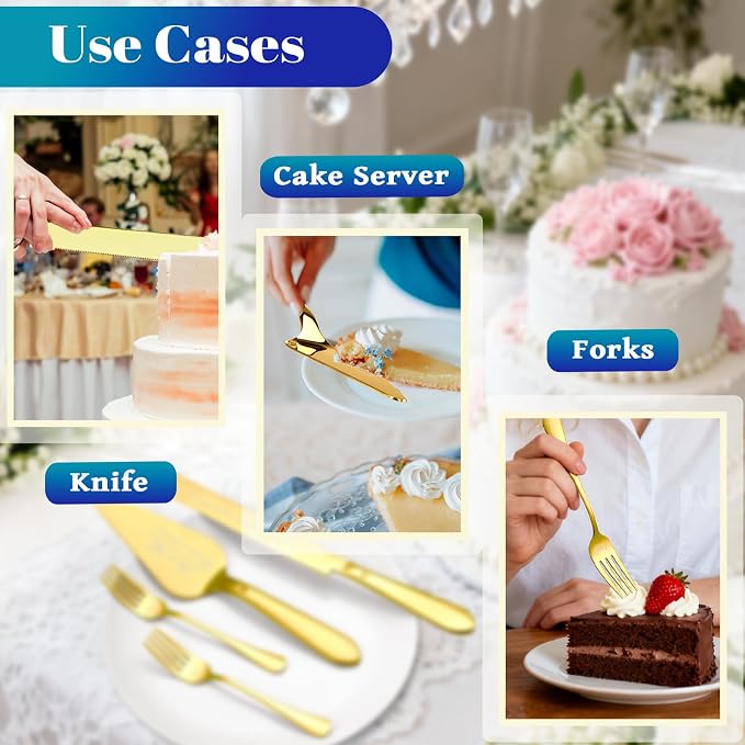 Eisinly Cake Cutting Set for Wedding, Elegant Cake Knife and Server Set with Stainless Steel Forks, Cake Cutter and Pie Spatula for Engagements, Anniversary, Bride and Groom, 4Pcs, Gold