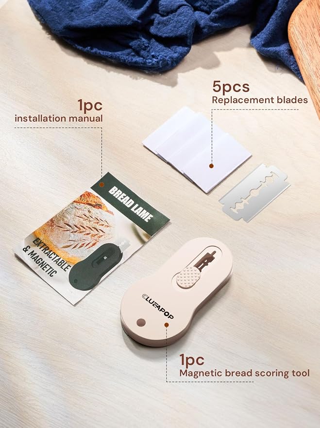 Bread Lame Dough Scoring Tool with Extractable & Magnetic - Bread Knife Sourdough Scoring Tool - Sourdough Bread Baking Supplies - Scoring Patterns Booklet Includes 5 Bread Razor Blades (Cream)