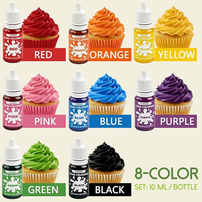 Natural Food Coloring, 8 Vibrant Liquid Food Dye, Artificial Dye Free & Plant Based Food Grade Color Set for Baking, Cake Decorating, Buttercream, Frosting & DIY Slime - 10ml per Bottle