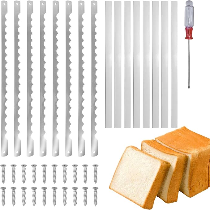 Bread Bow Knife Blades, 10.8" Serrated Stainless Steel blades with Screws, Screwdriver, and Safety Guard, Replacement for Wood Bread Cutter, Bow Bread Knife Replacement Blades 8 Pcs