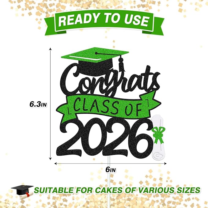 Congrats Class of 2026 Cake Topper Congrats Grad Cap Diploma We Are Proud of You Theme for College Happy Graduation Party Supplies High School Graduate Decoration (Black and Green)