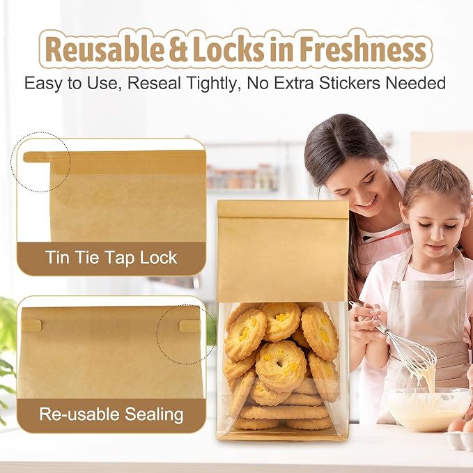 Bakery-Grade Bread & Cookie Bags, 2-Size 25PCS Luxury Brown Paper Bags with Clear Window & Reusable Tin Tie, Odor-Free Safe for Sourdough, Homemade Bread, Popcorn, Bake Sales & Snack Storage