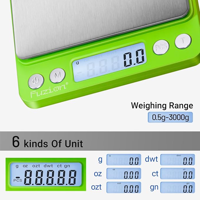 Fuzion Small Gram Scale 3000g, Digital Kitchen Food Scale, Gram and Ounce | 0.1g Accuracy, 6 Modes, 2 Trays Included, Tare Function, Piece Counting, For Food, Coffee, Cooking, Herb, Reptiles, Coins