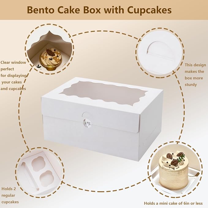 6 Sets Bento Cake Box with Cupcakes, Mini Cake and Cupcake Box with 2 Cupcakes and Tiered Mini Cake