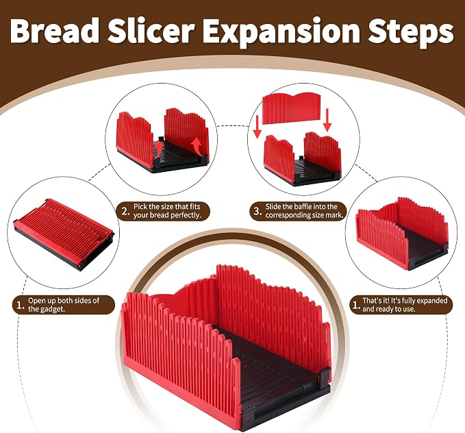 Bread Slicer for Homemade Bread - Adjustable Foldable Compact | For home bakers. Scale markings for even slicing, non-slip base for safety, crumb tray for easy cleanup & storage