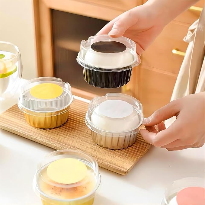 25PCS Round Mini Loaf Pans with Lids,Mini Cake Pans with Lids,Disposable Ramekins Baking Cups Muffin Tins Cupcake Cups for Birthday Party Wedding,5oz (Pink)