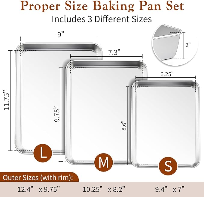 TeamFar Baking Pan Set of 3, 12.5/10.5/9.4 Inch Stainless Steel Deep Sheet Cake Pan for Oven Baking, Rectangle Bakeware Set for Bread/Lasagna/Brownie/Casserole, Healthy & Heavy-Duty, Dishwasher Safe