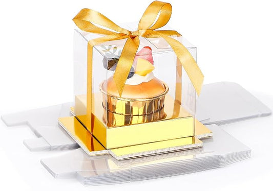 EUSOAR Gold Tall Cupcake Boxes, 12pcs 3.5 Inch Plastic Individual Cupcake Containers, Single Transparent Cup Cake Holder Carrier with Ribbon, Cake Containers with Lids for Wedding Birthday Party Favor