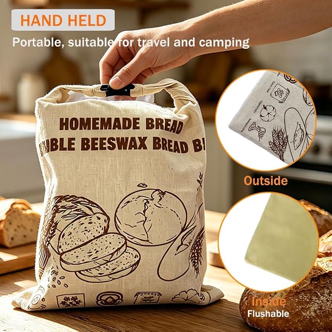 KINGYEENUO 2 Pack Beeswax Bread Bags for Sourdough, Reusable Large Cotton Linen Storage Bags with Zipper, Plastic-Free Food Preservation Wraps for Artisan Loaves, Baguettes & Freshness | Cotton Linen Storage Bags with Zipper, Plastic-Free Food Preserva...