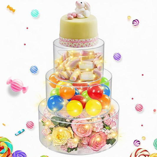 SAMYUCHO Acrylic Cake Stand with Led Lights, 3 PCS Round Cake Riser | 6"Dx4"H 8"Dx4"H 10"Dx4"H, Tight Lid Design, DIY Decoration, Reusable Clear Display Cake Tier, For Party Wedding