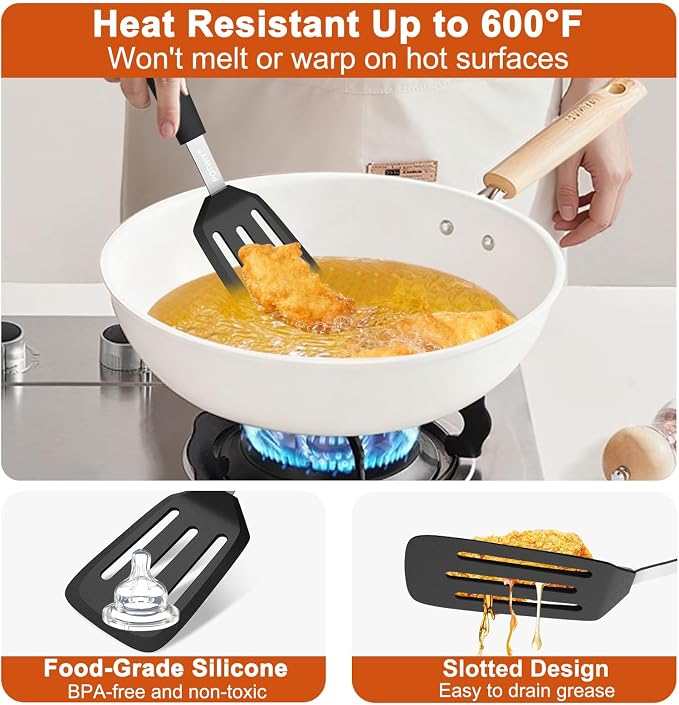 Silicone Slotted Spatula, 13 x 3.2 In, 600°F Heat Resistant (Black) | Flexible Turner, BPA Free, Non Scratch for Non Stick Frying Pan, Kitchen Cooking, Flipping, Dishwasher Safe