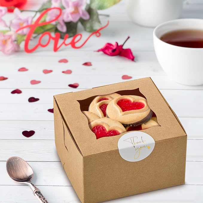 ZORRITA 24pcs Small Cookie Boxes with Window, 4x4x2.5 Inch Kraft Bakery Boxes with Stickers Dessert Treat Containers for Pastry Mini Cake Strawberry Donut Individual Cupcake