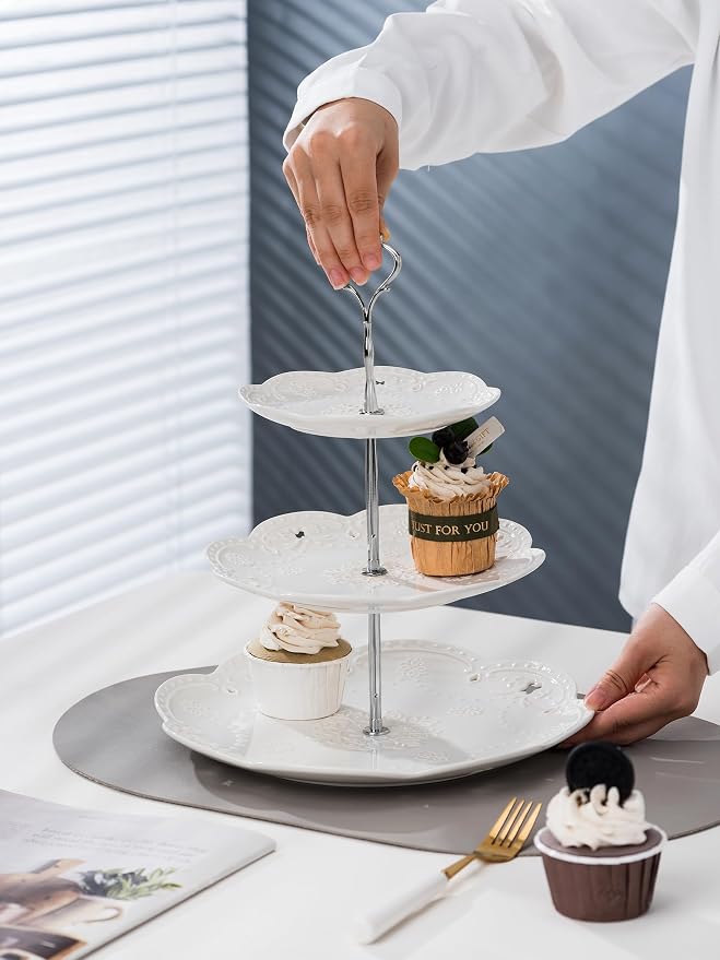 Cupcake Stand- Jusalpha 3-Tier White Porcelain Cake Stand Dessert Stand-Cupcake Stand-Tea Party Serving Platter, Comes in a Gift Box- Free Sugar Tong