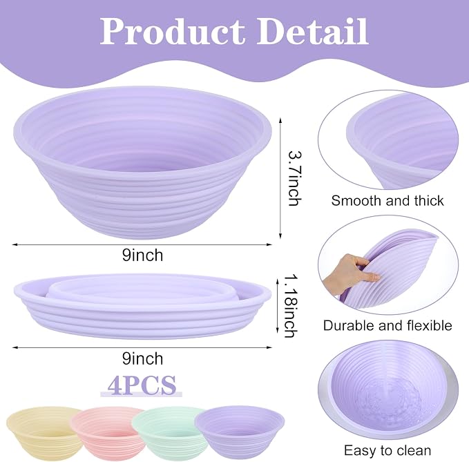 4Pcs Silicone Banneton Bread Proofing Baskets, 9 Inch Round Sourdough Foldable Non-Stick Dough Proofing Bowl Making-BPA Free Optimum Sourdough Bread Baking Supplies