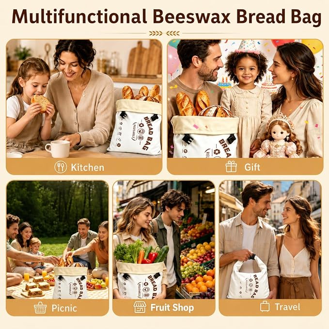1 Pack Beeswax Bread Bags for Sourdough, XL 17 x 13 Inch Beeswax Bread Bag, Reusable Cotton Bread Storage Bag with Natural Wax Lining, Freezer Safe, Long-Lasting Freshness, Capacity for Home Baking