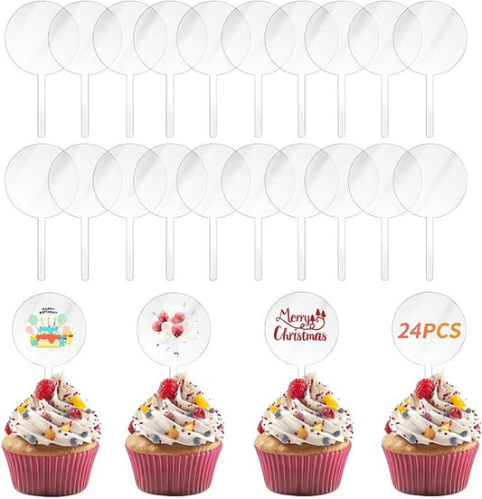24 Pcs 2 Inch Clear Blank Acrylic Cupcake Toppers Round DIY Custom Cupcake Topper，Personalized Cupcake Topper Sticks for Birthday Party Baby Shower Wedding Party Decoration