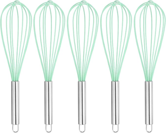 HARFINGTON 5Pcs Silicone Whisk 12" Kitchen Whisk Wire Whisks Beater with Stainless Steel Handle for Egg Milk Whisking Blending Beating & Stirring, Green