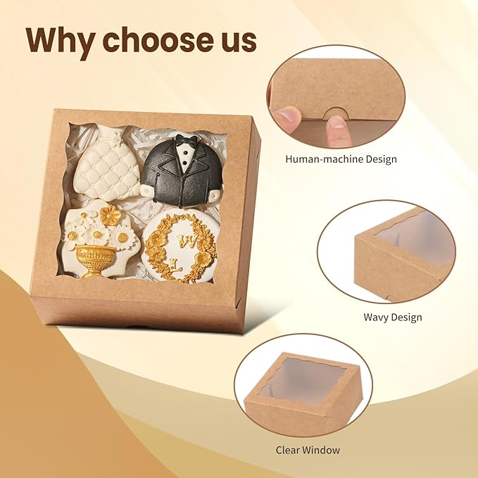 100 Pack 6"x6"x2.5" Brown Square Gift Boxes with Window -Chocolate Covered Strawberries, Small Cake, Cookie, Pastry, Mini Donitas & Cakesickle Truffle Chocolate Boxes
