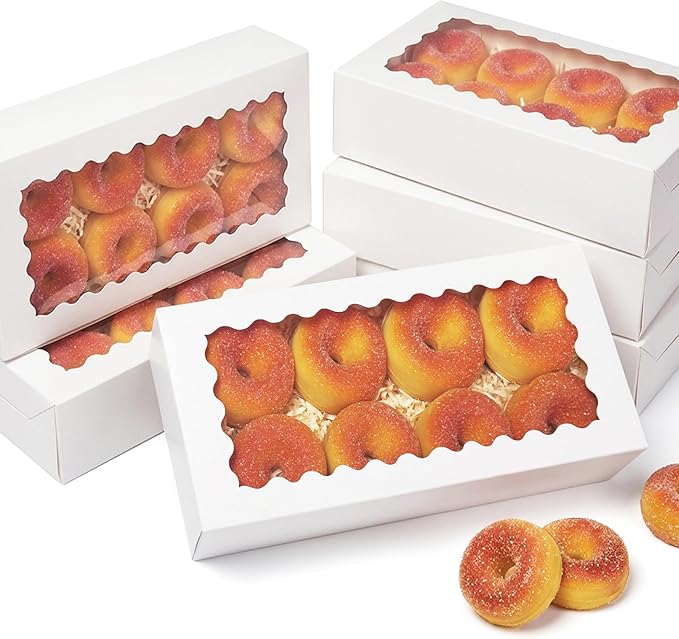 qiqee Auto-pop up Cookie Box with Window 12x5.5x2.5 Inch White 50Pcs Pastry Macaron Bakery Pie Box For Packaging