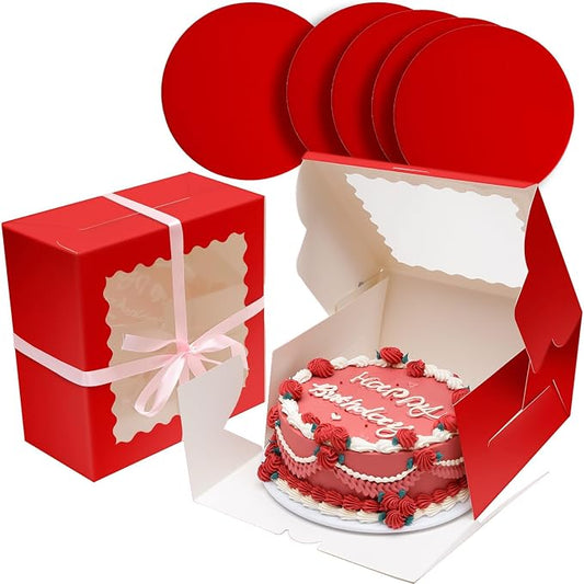 Bakepacker 36pcs 10x10x5 Inches Red Cake Boxes with Window 18-Packs, 10 Inch Bakery Boxes (18 Cake Boxes +18 Cake Boards Included)