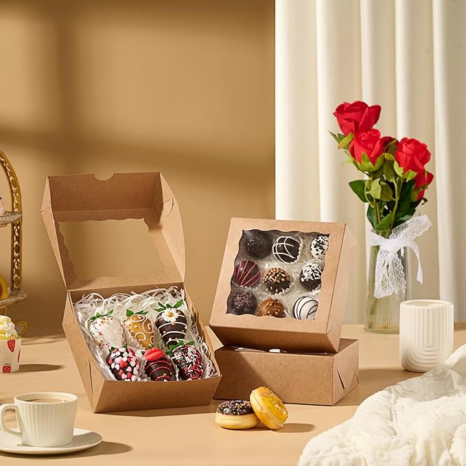 NEKSUNBAK 20 Pack 6"x6"x2.5" Brown Square Gift Boxes with Window -Chocolate Covered Strawberries, Small Cake, Cookie, Pastry, Mini Donitas & Cakesickle Truffle Chocolate Boxes
