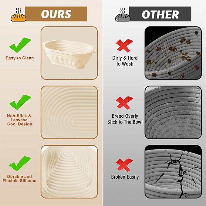 4 Pcs Upgraded Silicone Banneton Bread Proofing Basket with Handles - Reinforced Rim Support, 10" Oval Foldable Bowls for Sourdough Bread Baking, Oven & Dishwasher Safe-BPA Free