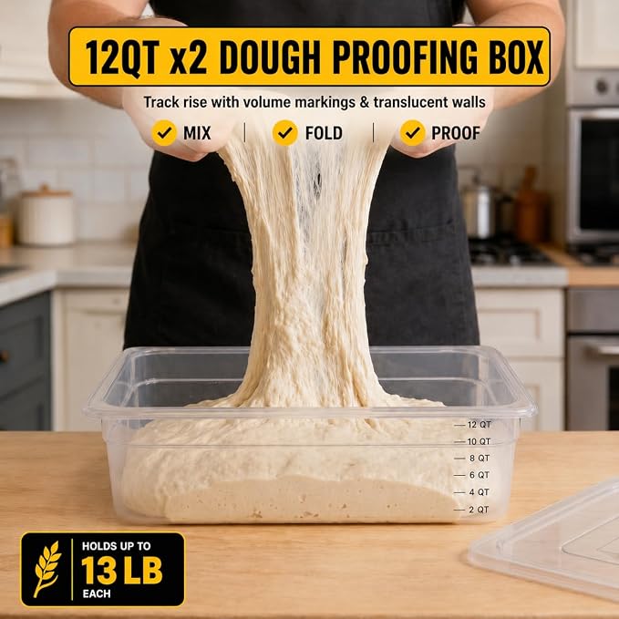 Sourdough Proofing Containers, 2 Pack 12QT Clear Dough Rising Boxes for Bread Baking, Fits Up to 6000 Grams of Dough,Stackable Bulk Fermentation Containers for Sourdough, Bread Dough & Pizza Dough