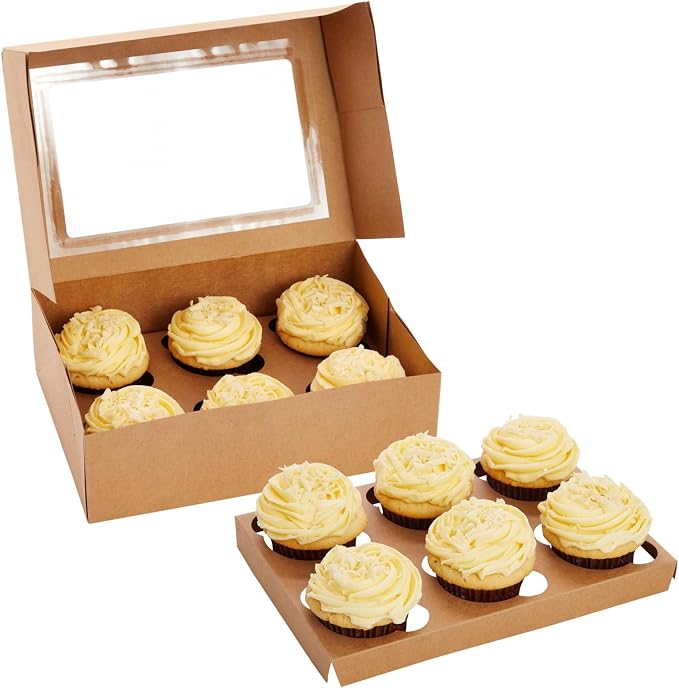 Juvale Cupcake Boxes - Clear Window Display - Easy Assembly for Muffin Packaging - Food Grade Cupcake Containers - Pack of 24, 6-Count, Brown Paperboard, 9.4 x 6.2 x 2.9 in