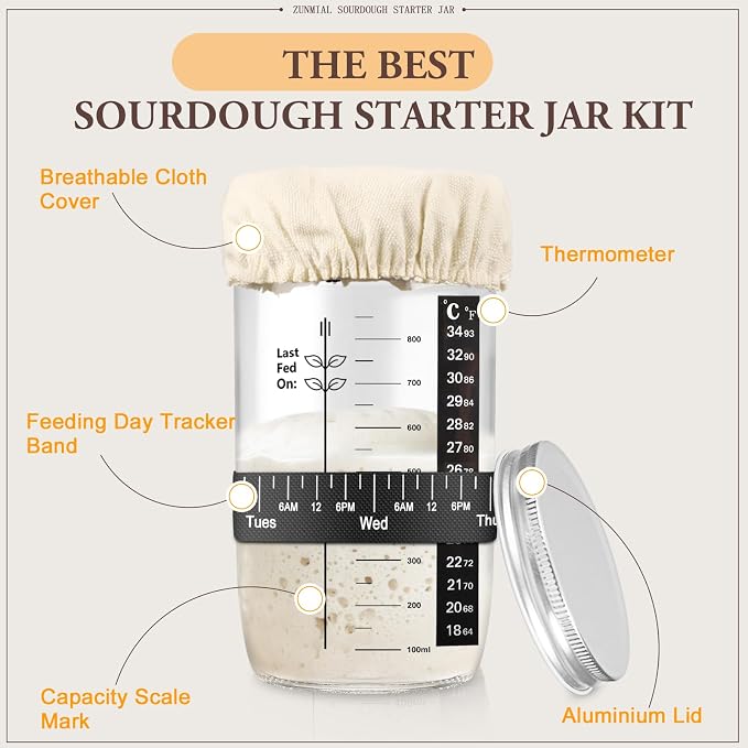 Zunmial Sourdough Starter kit, 34OZ Sourdough Starter Jar with Date Marked Feeding Band, ThermometerCloth Cover & Metal Lid, Reusable Sourdough Bread Baking Supplies, Home Baking Gifts