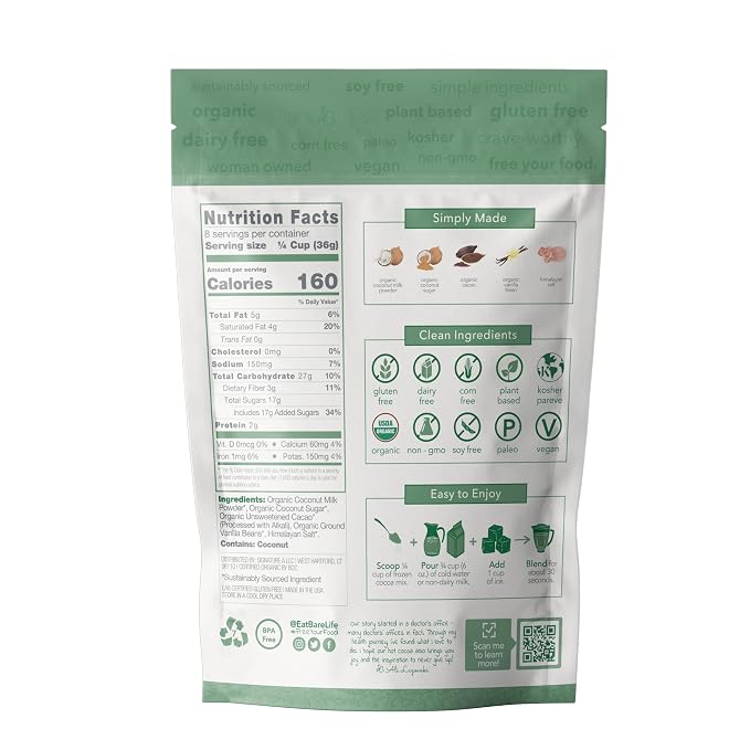 Bare Life Frozen Hot Cocoa Mix, Dairy Free Frozen Hot Chocolate, Vegan Chocolate Frappe Mix, Gluten Free, Just Blend with Ice, 10.16 oz Pouch