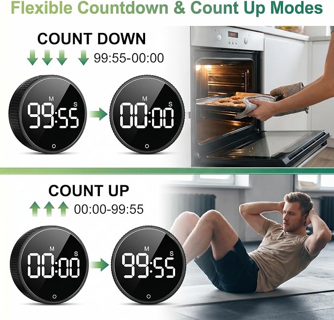 Digital Kitchen Timer, Magnetic Visual Pomodoro Clock with Large LED Display, 3 Preset Times (5/15/25) for Cooking Baking Fitness